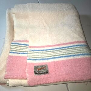 Vintage MCM Wool Witney Pink Blue Grey Blanket Cottagecore Farmhouse Heirloom